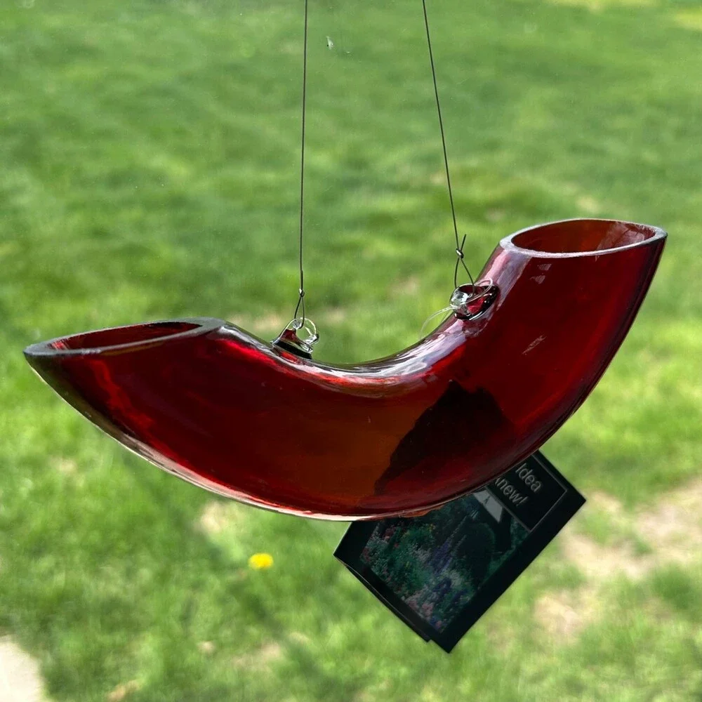 Handmade Red Glass Hummingbird Bird Feeder Original Unique Shape Round Tube